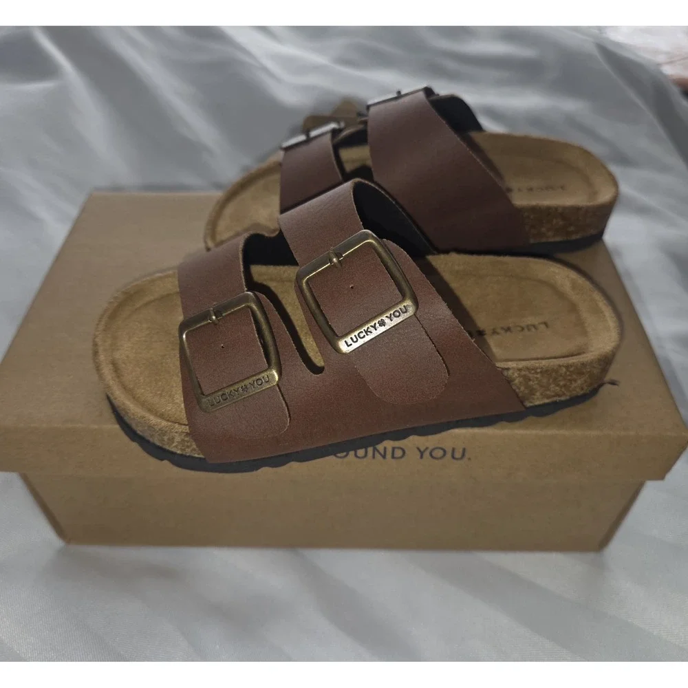 Lucky Brand‎ Blanc Kids Brown Dual Strap Buckle Slide Sandals Size 3